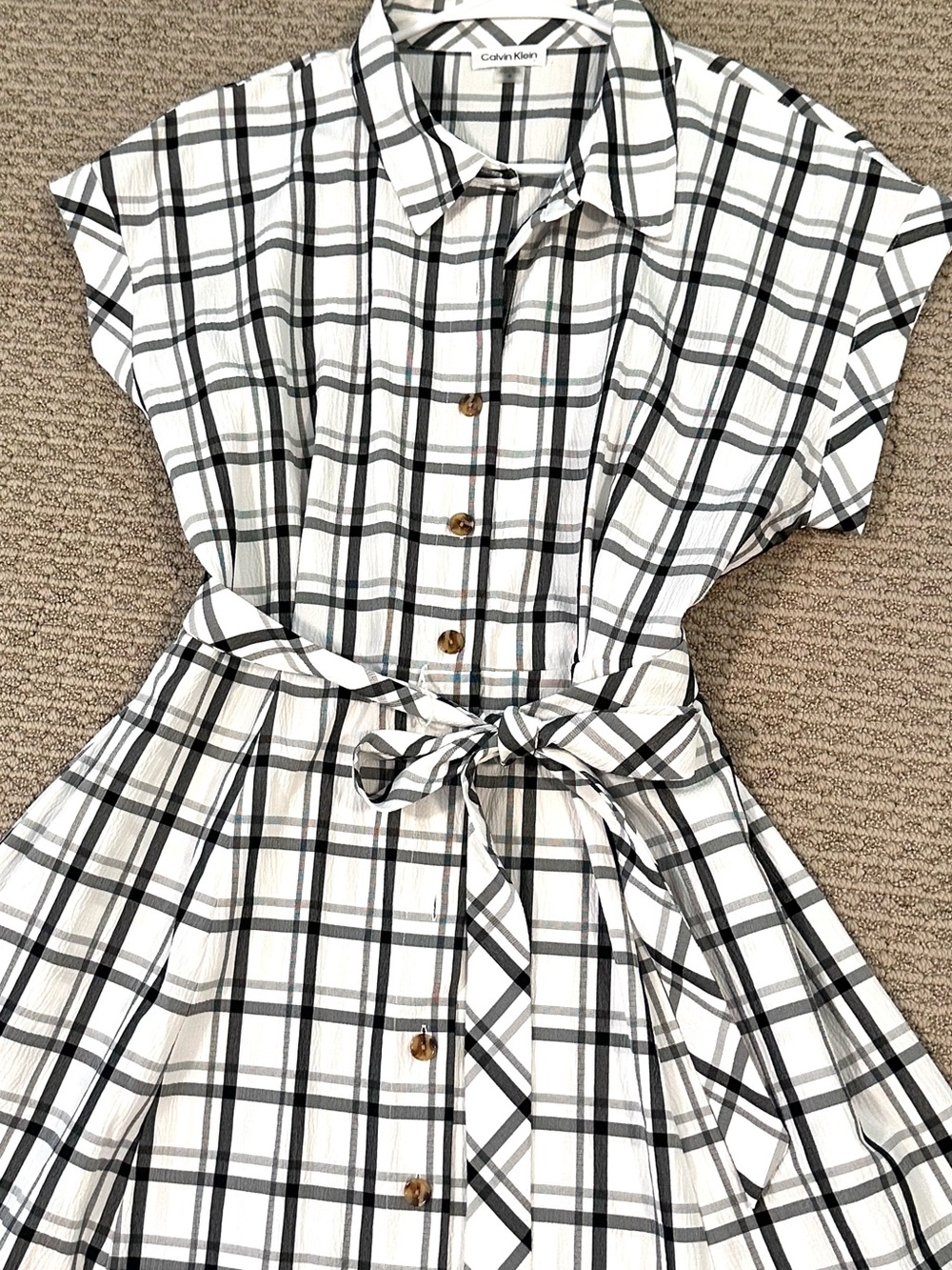 Calvin Klein White and Black Plaid Midi Shirt Dress with Tie Waist - Picture 3 of 3